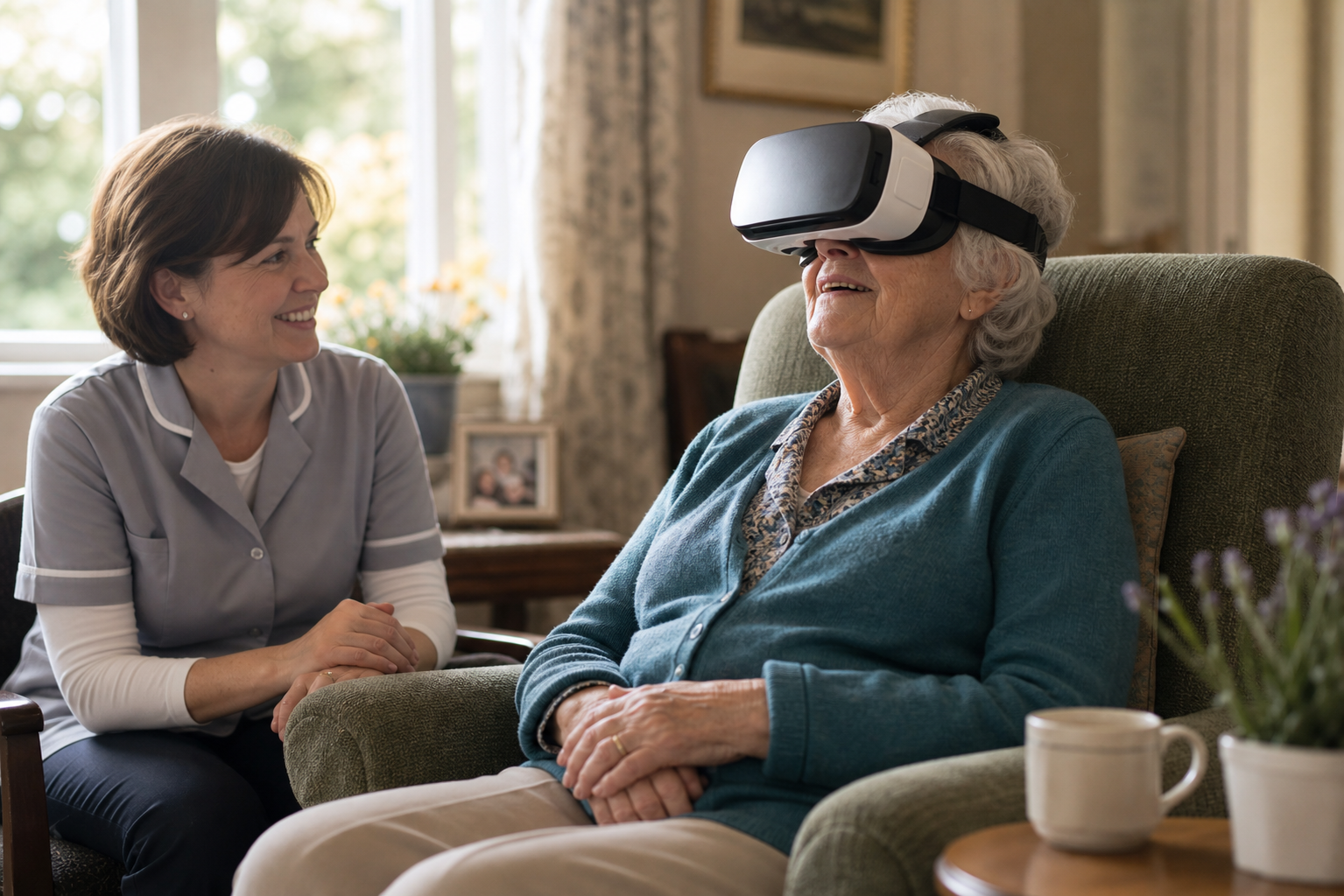 Older woman using a VR headset in an aged care lounge with a care worker nearby