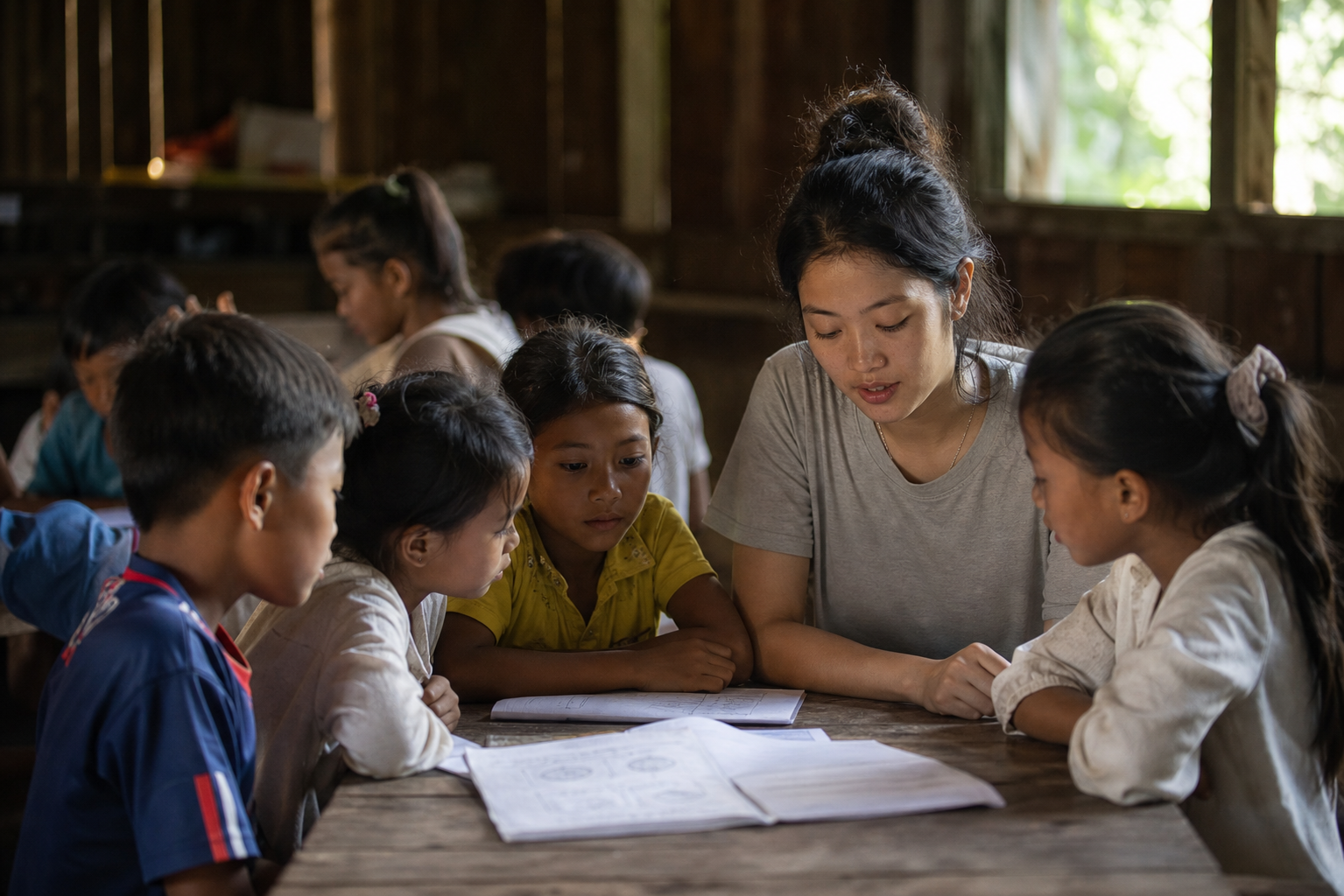 Teacher and children gathered around learning materials in a community classroom