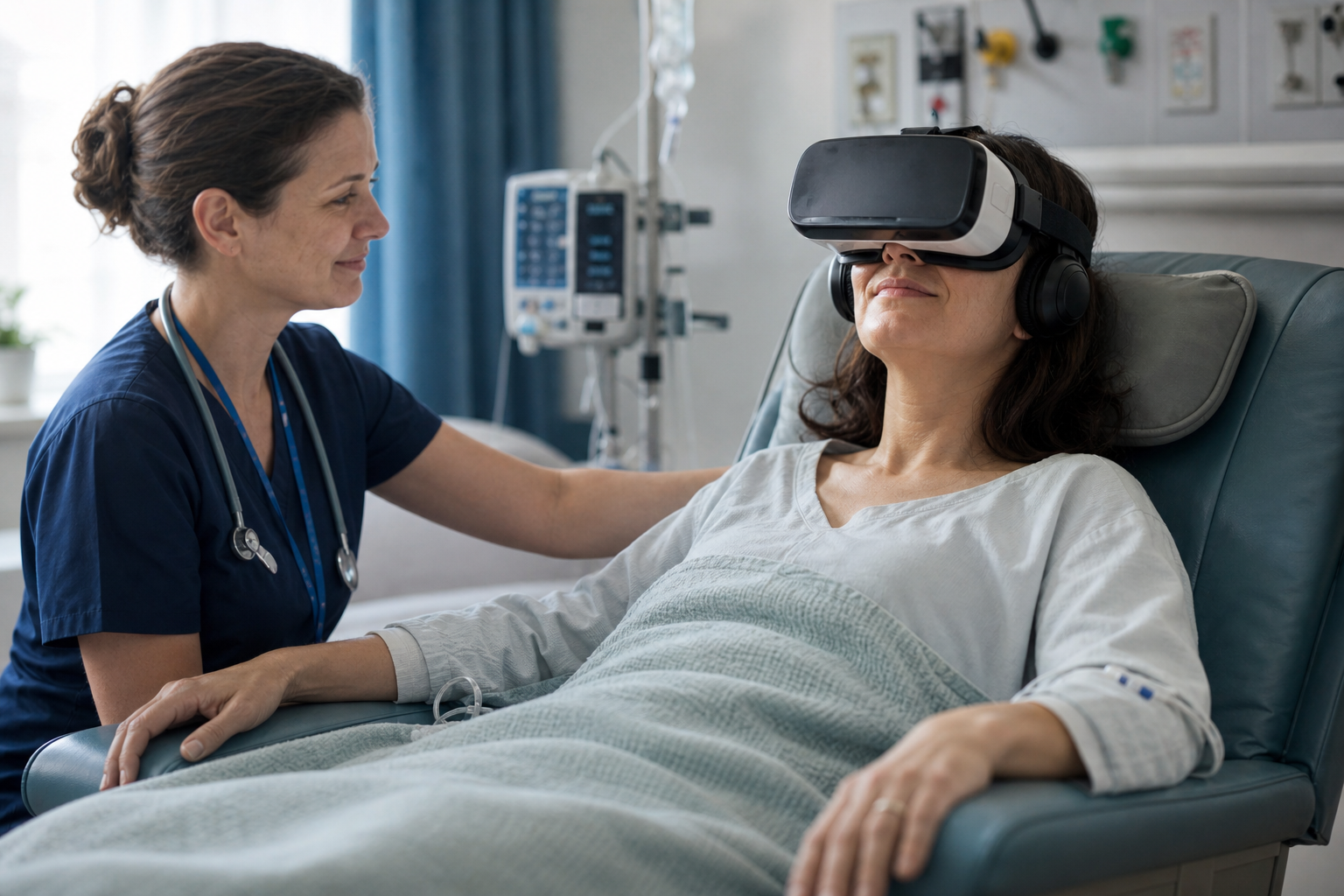 Patient wearing a VR headset in a hospital chair with a nurse nearby