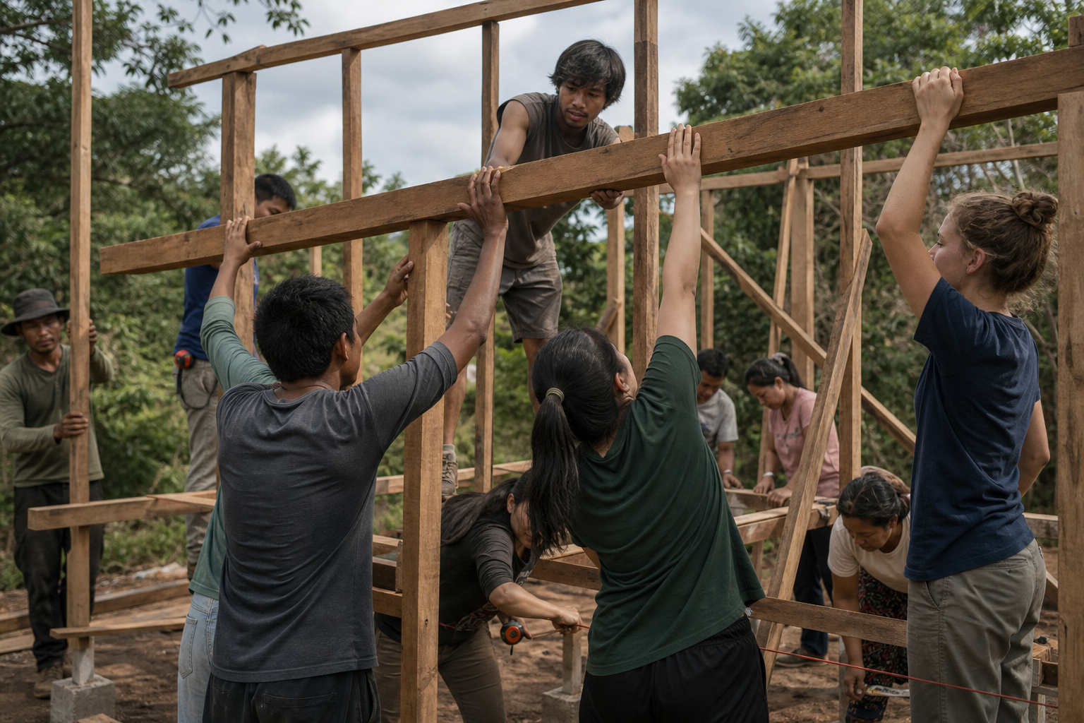 Volunteers and community members helping build a simple home together