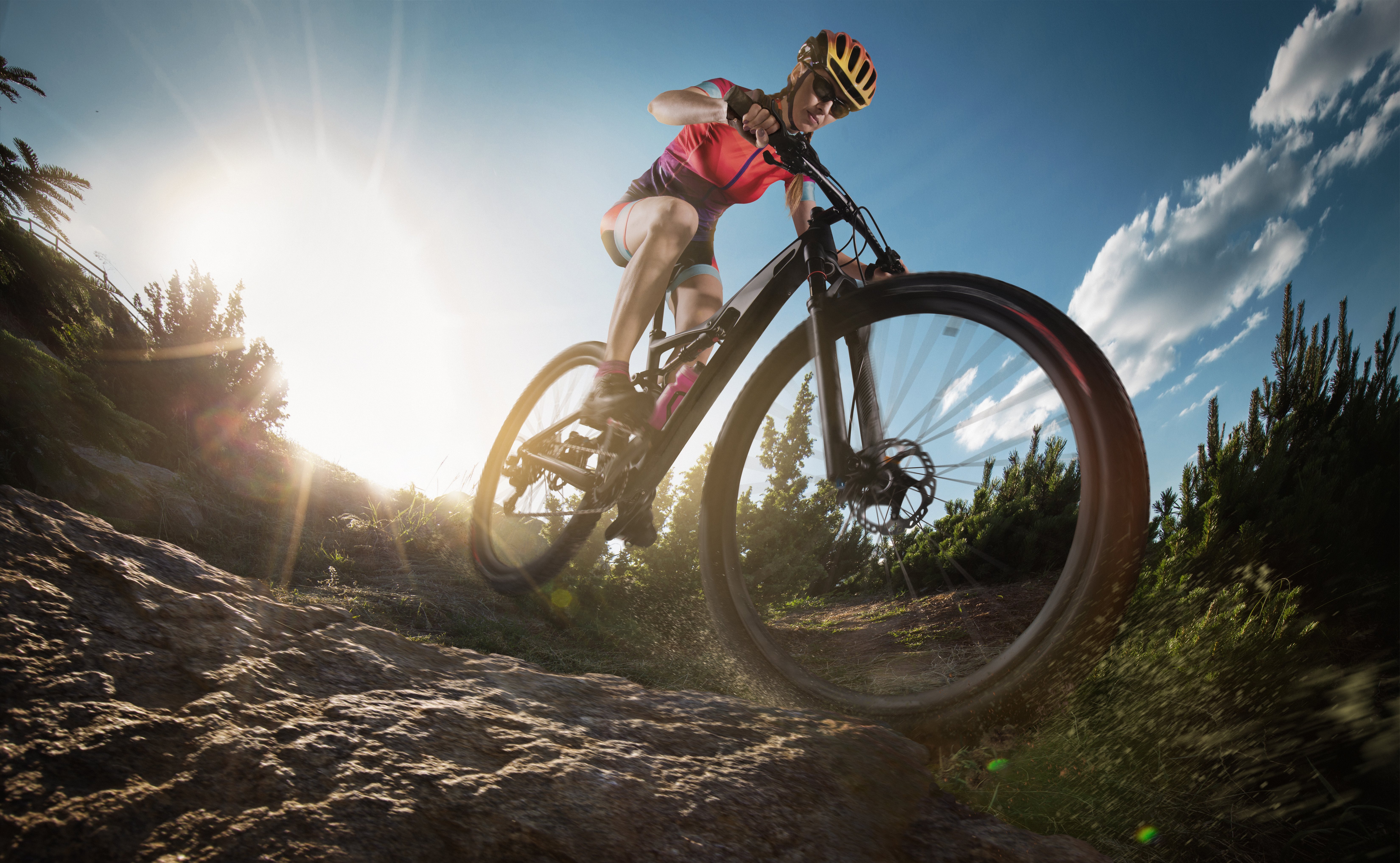 Mountain biker riding fast through a sunlit trail