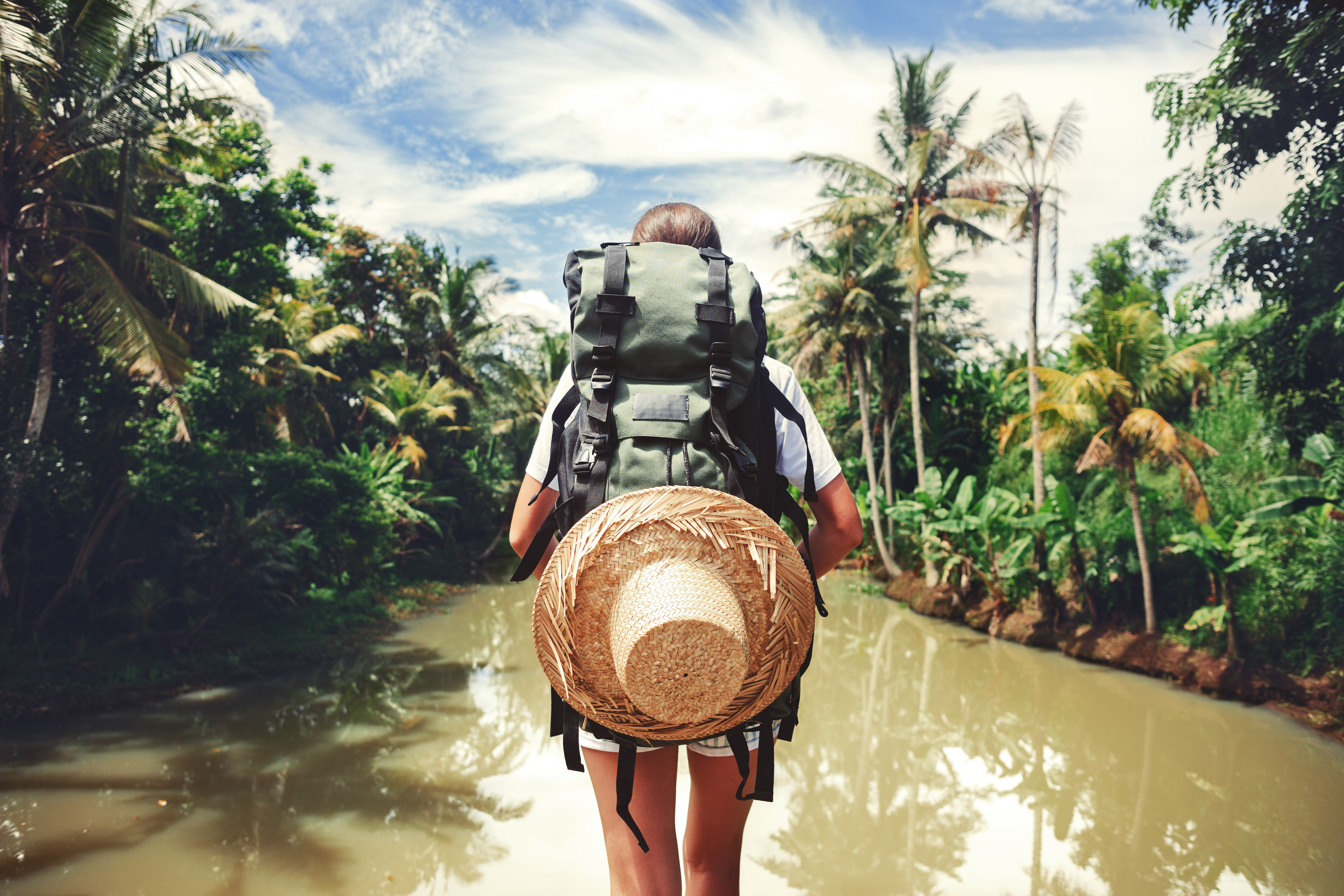Traveller walking through an Amazon rainforest environment