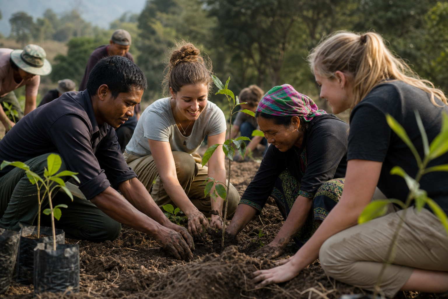 Volunteers and community members planting young trees together