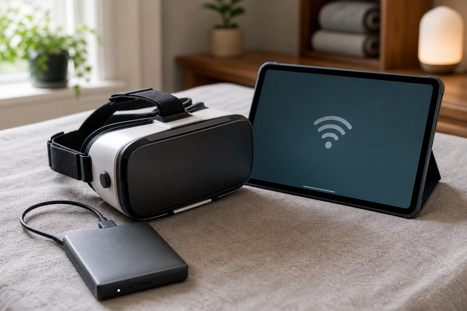 VR headset with a tablet and storage drive for streaming or stored access